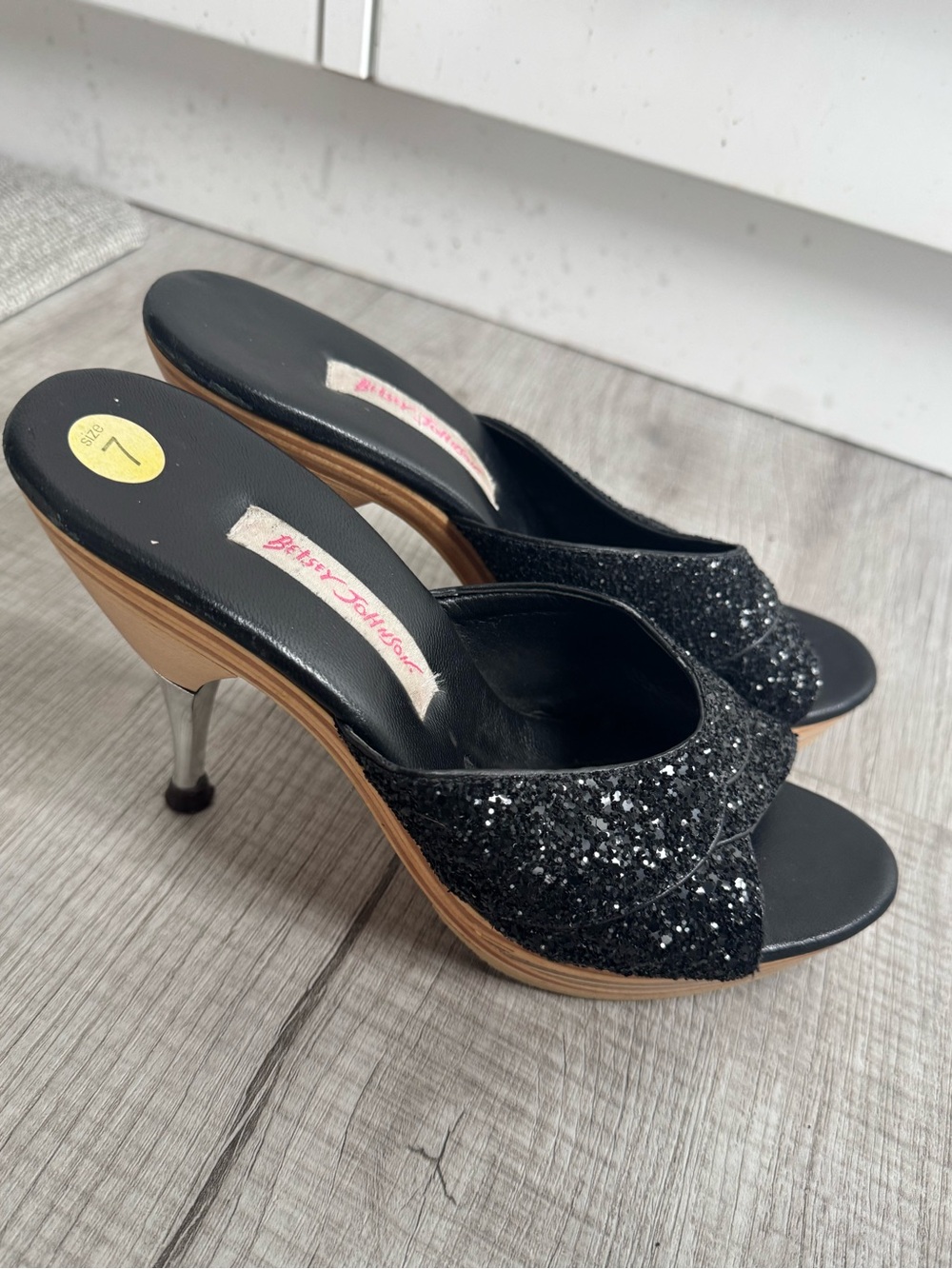 Betsey Johnson Black Glitter Slip-On Heels with Wooden Design Platform
